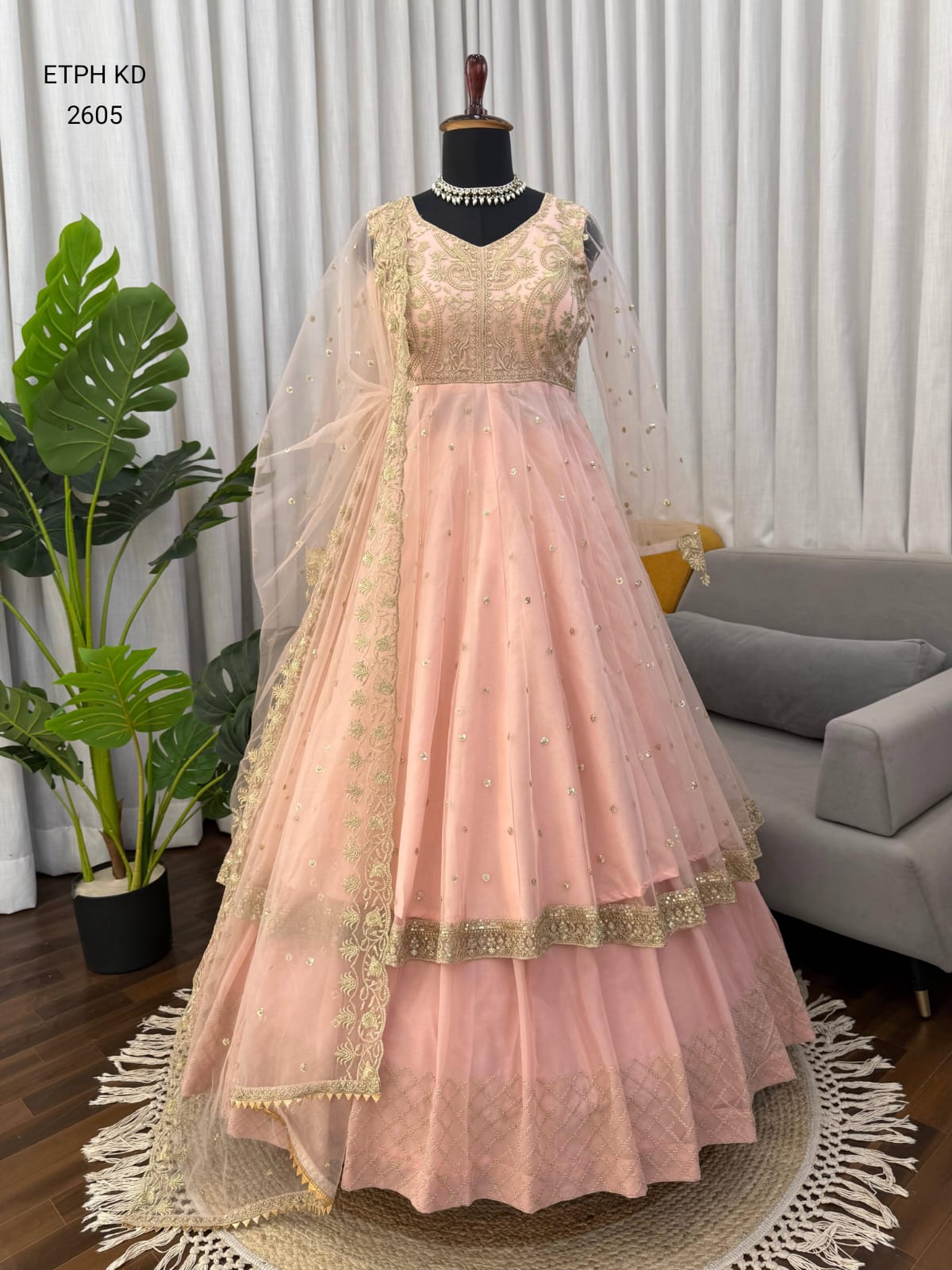 Soft Pink Premium Zari Work Festive Wear Anarkali Gown Set